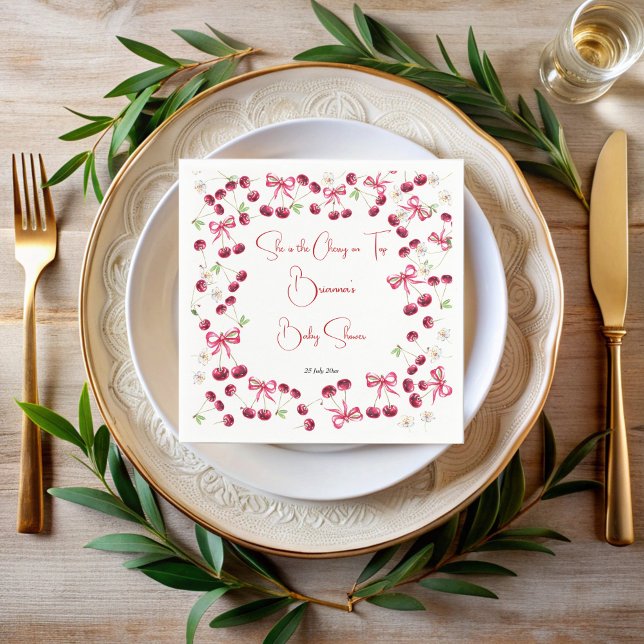 Serviette En Papier Cerise sur le haut du baby shower de coquette ruba (Cherry on top ribbon coquette baby shower monogrammed printed napkins personalized table decor)