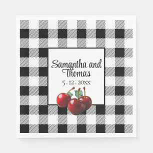 Serviette En Papier Cerises Vintage gingham noir et blanc