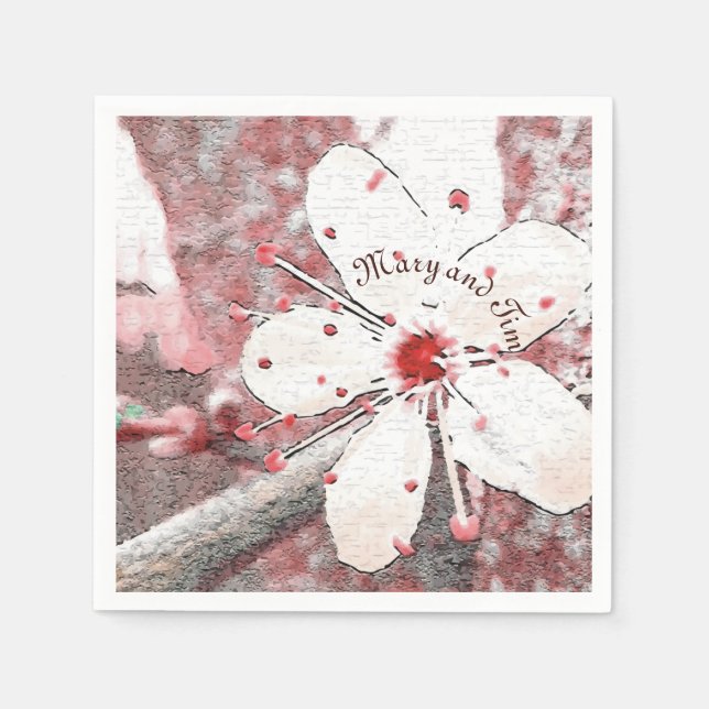 Serviette En Papier cerisier fleur mariage rouge et blanc élégant (Devant)