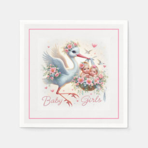 Serviette En Papier C'est Twin Girl's with Stork, Baby Girls et Flower