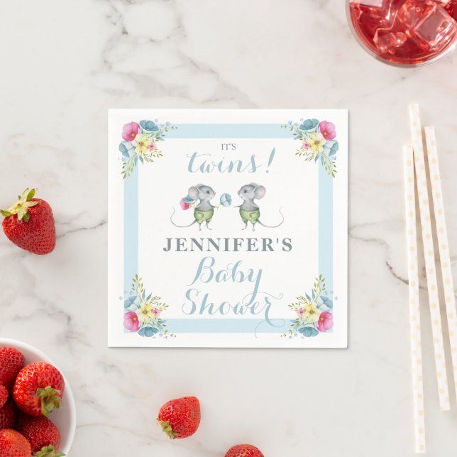 Serviette En Papier C'est Twins Blue Floral Boy & Boy Baby shower (En situation)