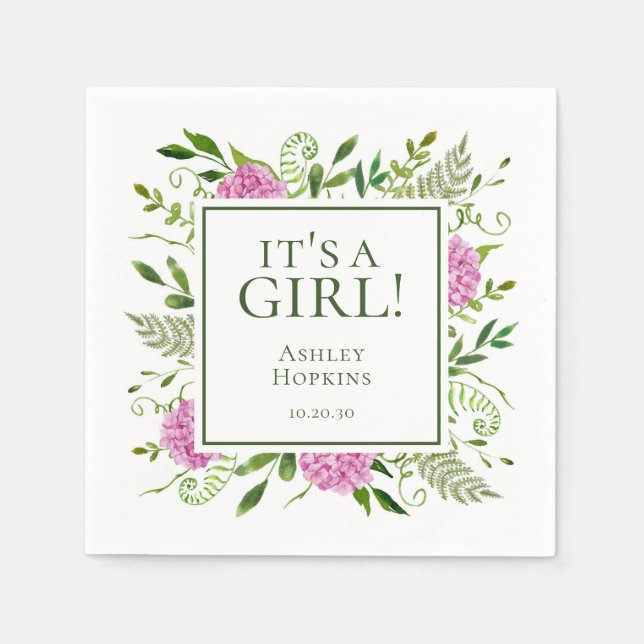 Serviette En Papier C'est une fille rose Hydrangeas Baby shower fille (Devant)
