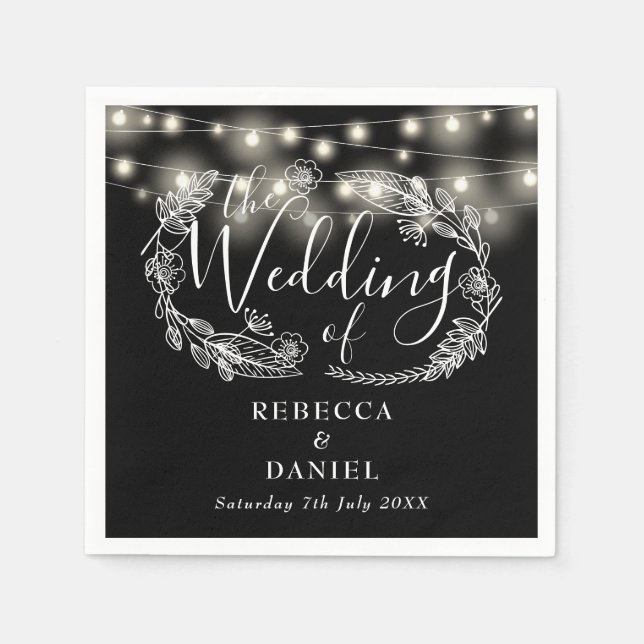 Serviette En Papier Chaîne Éclairant Floral Noir Et Blanc Mariage (Devant)