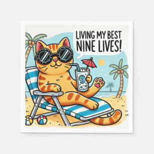 Serviette En Papier Chaleur de chat cool sur la plage - Drôle dessin a