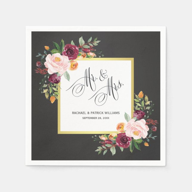 Serviette En Papier Chalkboard Floral Mariage M. et Mme. (Devant)