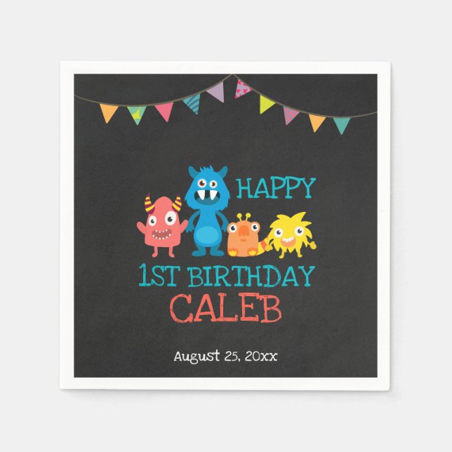 Serviette En Papier Chalkboard mignon Monstres Premier anniversaire Bo (Devant)