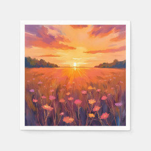Serviette En Papier Champ de fleurs aquarelle coucher de soleil à l'he