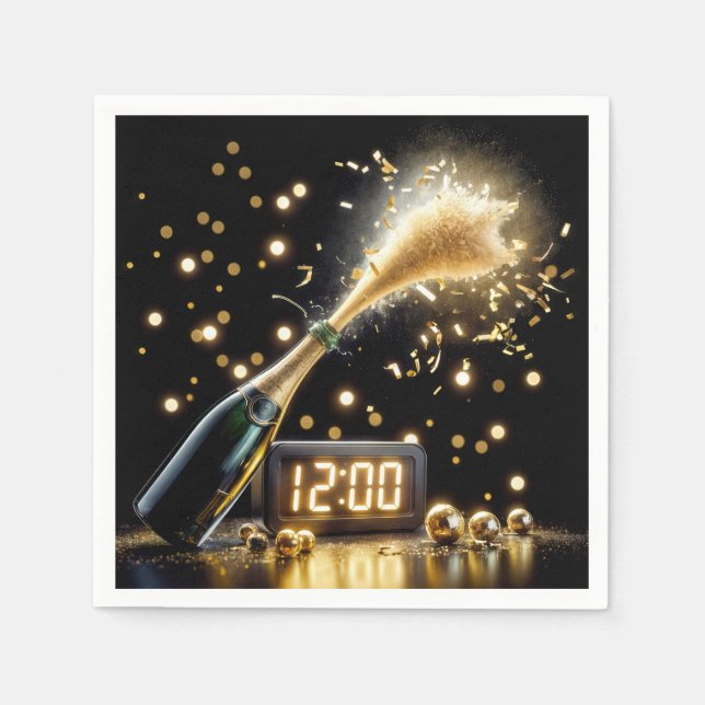 Serviette En Papier Champagne du Nouvel An Avec Horloge De Minuit (Devant)
