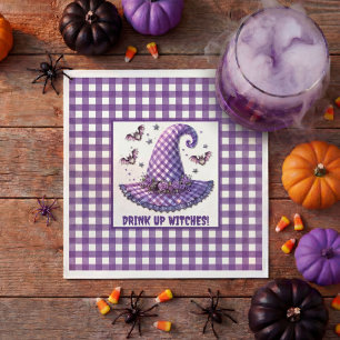 Serviette En Papier Chapeau de sorcière Halloween en gingham violet et