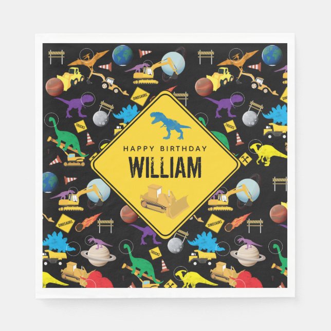 Serviette En Papier Chariots de construction Dinosaures dans l'espace  (Devant)