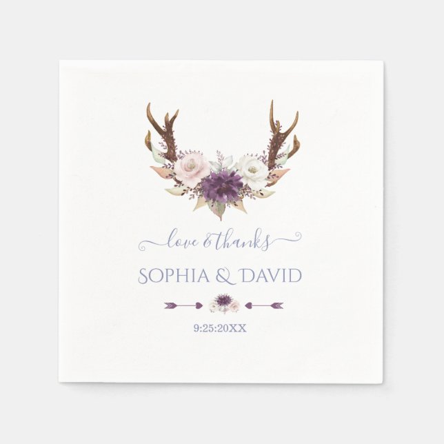 Serviette En Papier Charm Lavender Rose Fleurs Blanches Antlers Mariag (Devant)