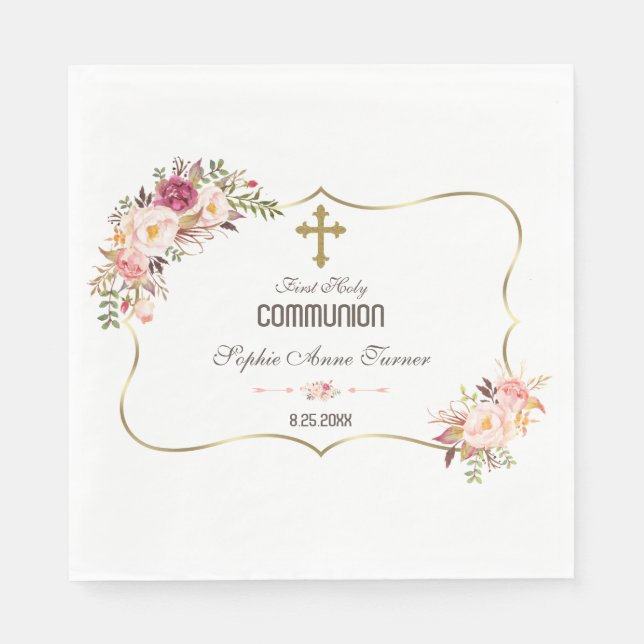 Serviette En Papier Charm Or Blush rose Floral Sainte Communion (Devant)