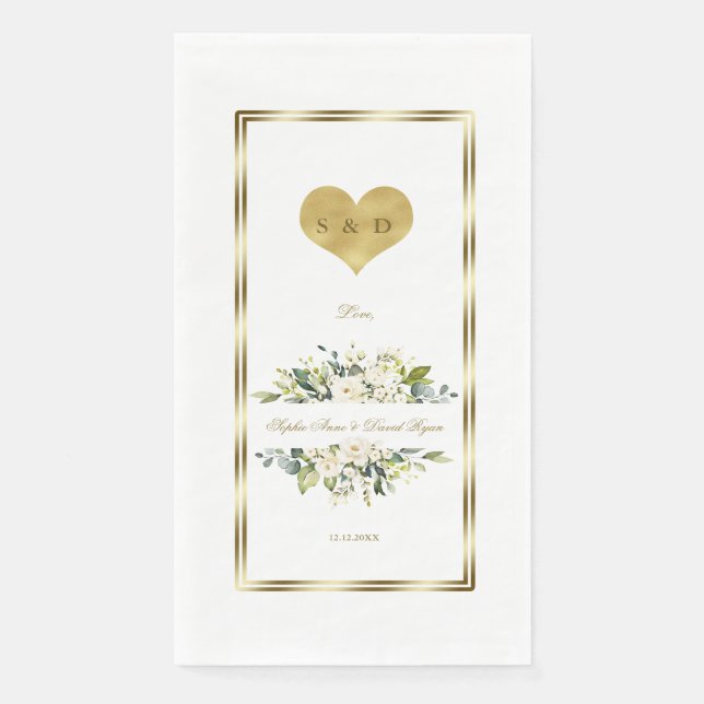 Serviette En Papier Charme Fleurs blanches or Monogramme Mariage (Devant)