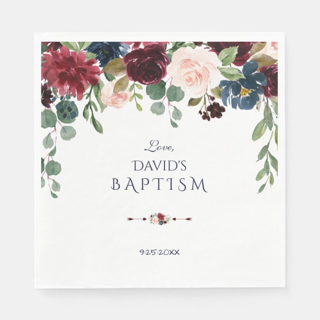 Serviette En Papier Charme Merlot Marine Bleu Floral Baptême (Devant)