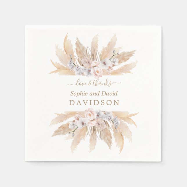 Serviette En Papier Charme Roses Blanches Pampas Grass Mariage serviet (Devant)