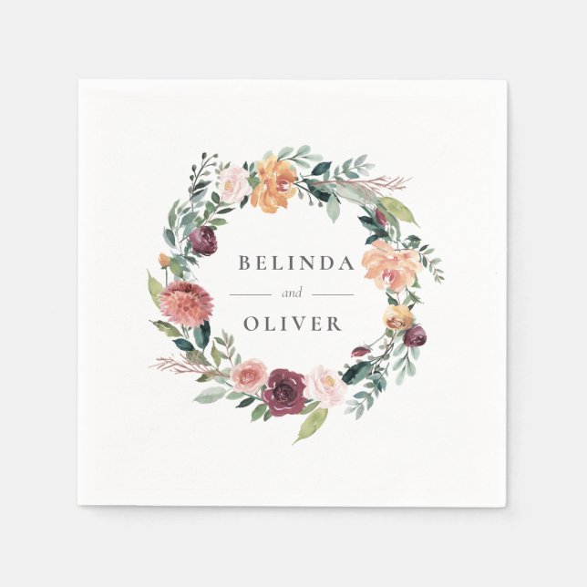 Serviette En Papier Charme rustique Bourgogne Blush rose Mariage Flora (Devant)