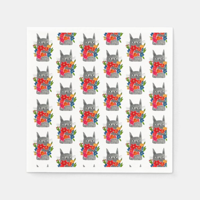 Serviette En Papier Chat à fleurs (Devant)