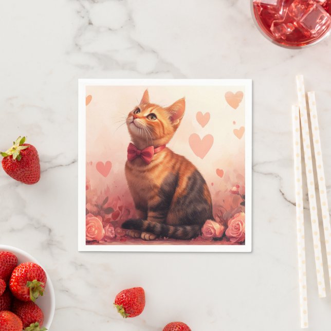 Serviette En Papier Chat abyssin avec des roses - Saint-Valentin  (En situation)
