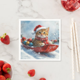 Serviette En Papier Chat abyssin en traîneau Laissez neige Noël
