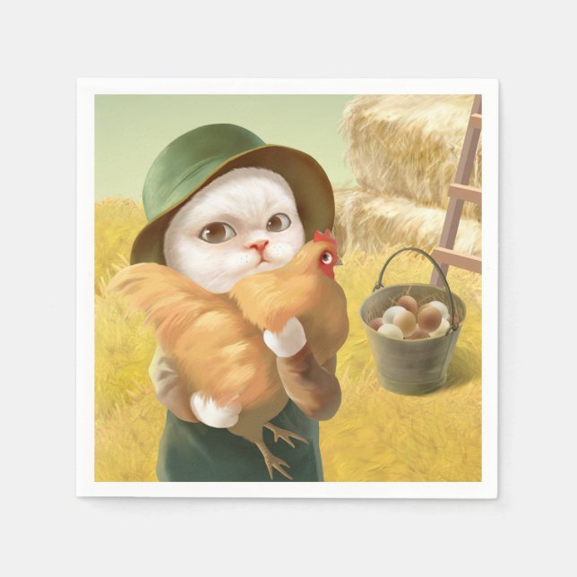 Serviette En Papier Chat adorable avec Hen à la ferme (Devant)