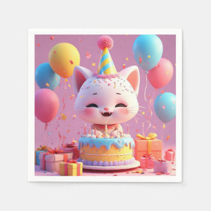 Serviette En Papier Chat Animé Adorable Fêtant un Anniversaire