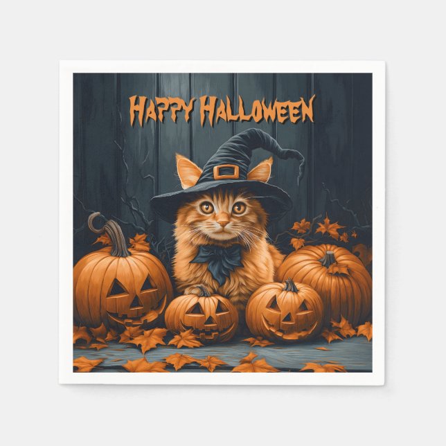Serviette En Papier Chat au gingembre avec Halloween Citrouille (Devant)