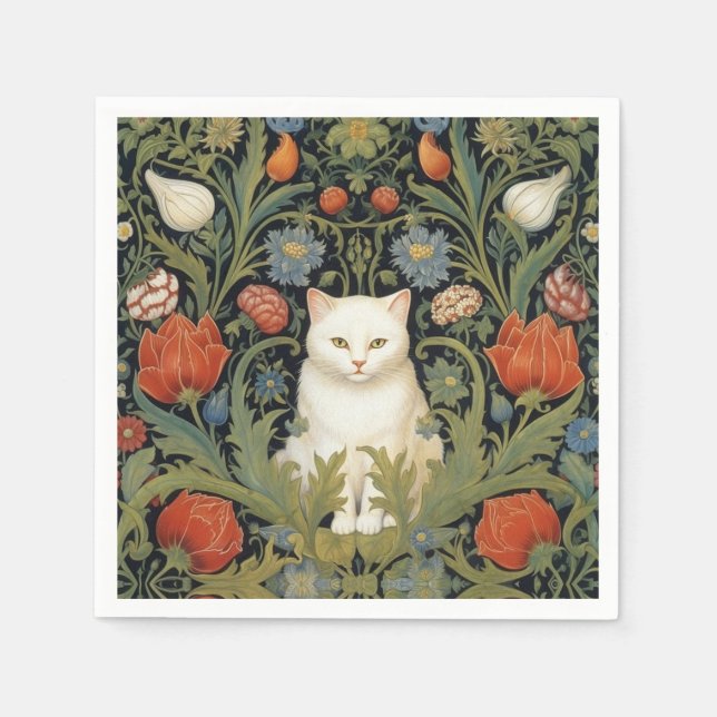 Serviette En Papier Chat blanc Art nouveau dans le jardin (Devant)