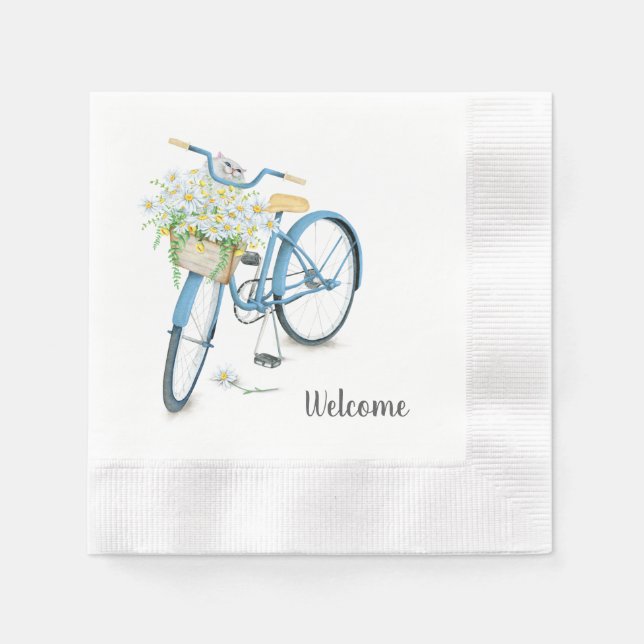Serviette En Papier chat blanc dans le panier de marguerite sur vélo (Devant)