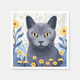 Serviette En Papier Chat Bleu Russe Fleurs Jaunes