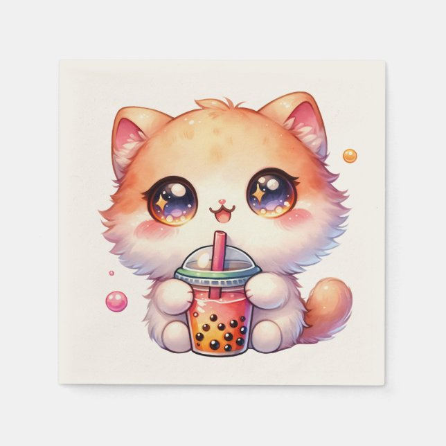 Serviette En Papier Chat Boire Boba Cute Bubble Thé (Devant)