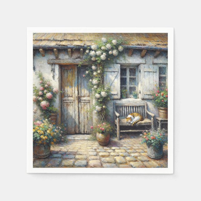 Serviette En Papier Chat-Cottage Sur Banc En Bois (Devant)