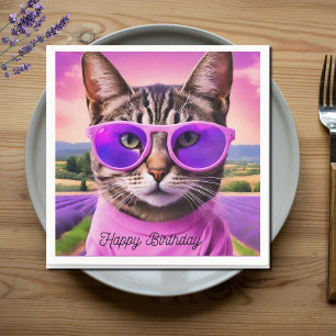 Serviette En Papier Chat d'anniversaire dans le champ de lavande