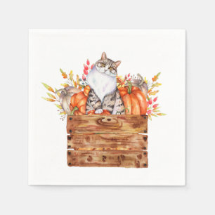 Serviette En Papier Chat d'automne et citrouilles en boîte