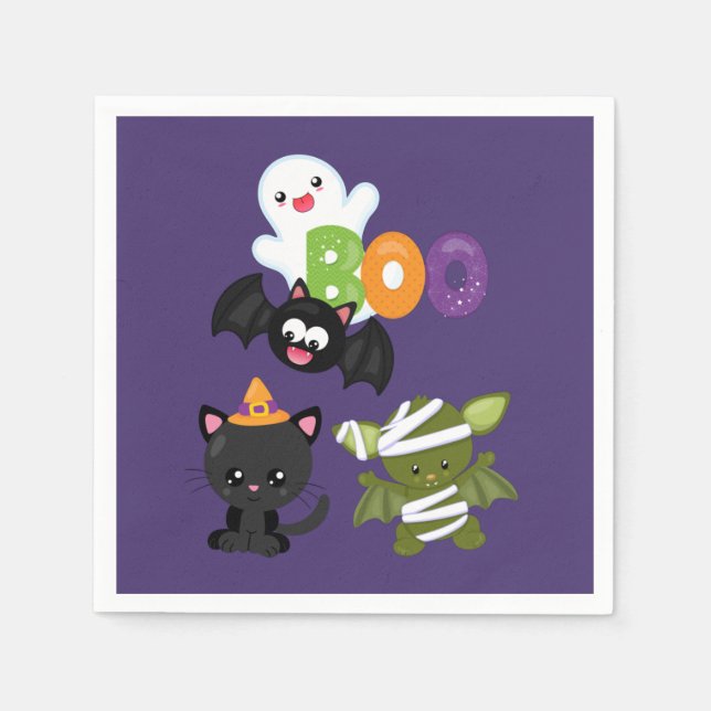 Serviette En Papier Chat de Cute Halloween, bat, mummy et ghost (Devant)