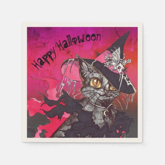 Serviette En Papier Chat de sorcière Halloween heureux (Devant)