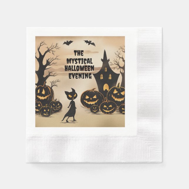 Serviette En Papier Chat d'Halloween et Maison hantée (Devant)