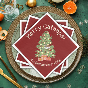 Serviette En Papier Chat drôle sur Chistmas Tree Joyeux Catnaps! Red