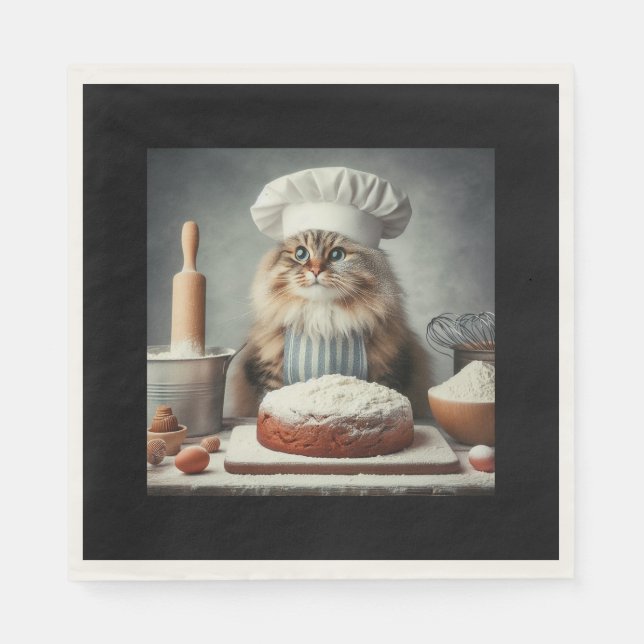 Serviette En Papier Chat duveteux faisant un gâteau (Devant)