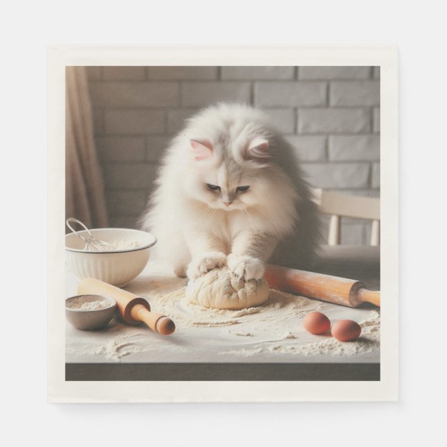 Serviette En Papier Chat duveteux préparant une base de pizza (Devant)