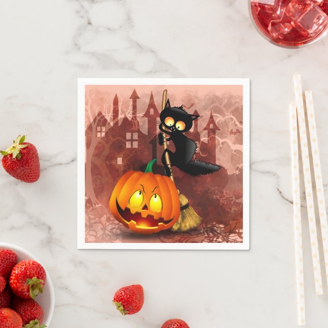 Serviette En Papier Chat effrayé par Citrouille Fun Halloween caractèr (En situation)