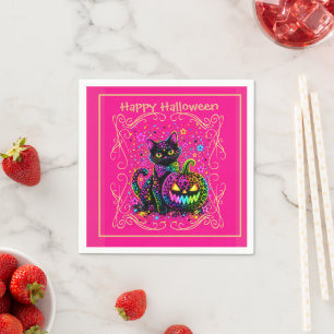 Serviette En Papier Chat et citrouille néon Halloween pour une fête lé