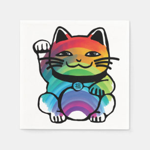 Serviette En Papier Chat japonais de bonne chance avec arc-en-ciel