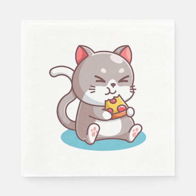Serviette En Papier Chat mangeant une pizza (Devant)