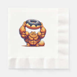 Serviette En Papier Chat Musclé qui Soulève un Beignet