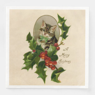 Serviette En Papier Chat Noël Joyau Holly Kitten Art antique
