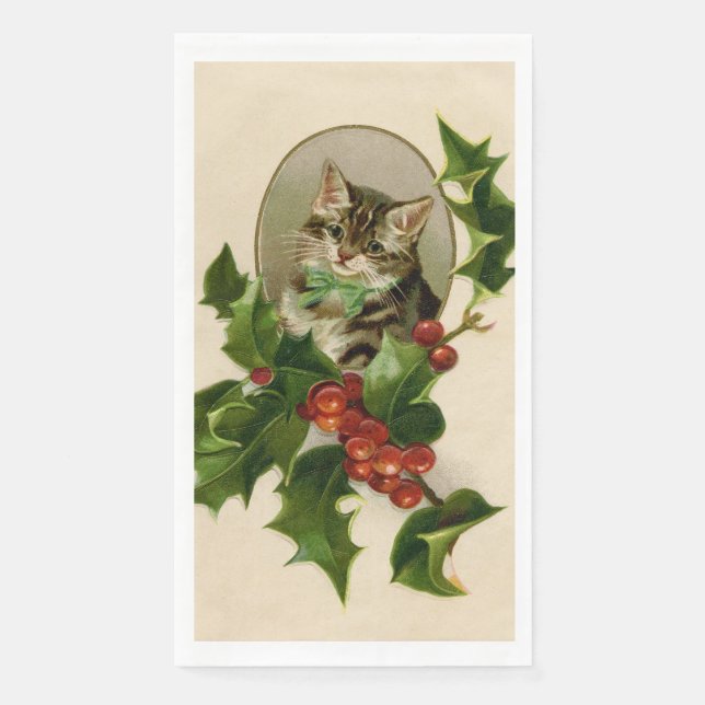 Serviette En Papier Chat Noël Joyau Holly Kitten Art antique (Devant)