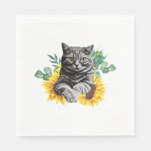 Serviette En Papier Chat Noir Avec Tournesols, Cadeaux Pour Les Amateu
