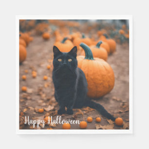 Serviette En Papier Chat noir dans un champ de citrouilles