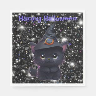 Serviette En Papier Chat noir d'Halloween blanc mignon