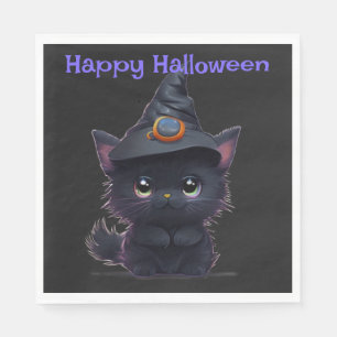 Serviette En Papier Chat noir d'Halloween blanc mignon
